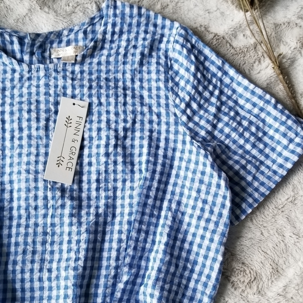 Finn & Grace Blue White Picnic Pattern Tie Front S - Picture 5 of 9